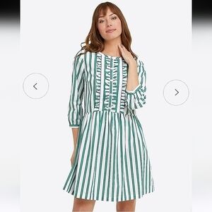 Draper James-Ruffle Placket Shift Dress in Bold Green Stripe-Size Medium